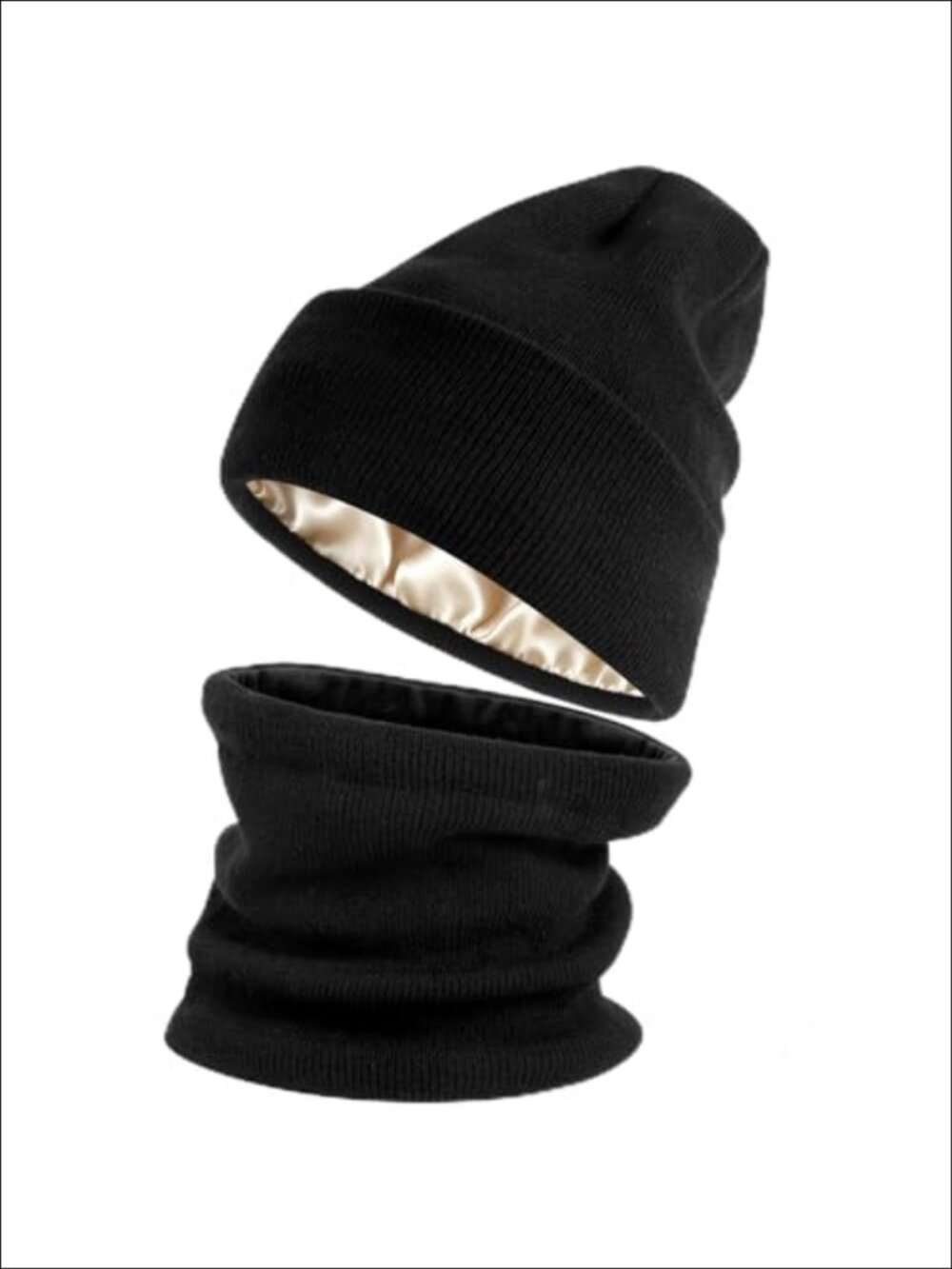 Unisex Satin Lined Knit Beanie Winter Hat with Scarf